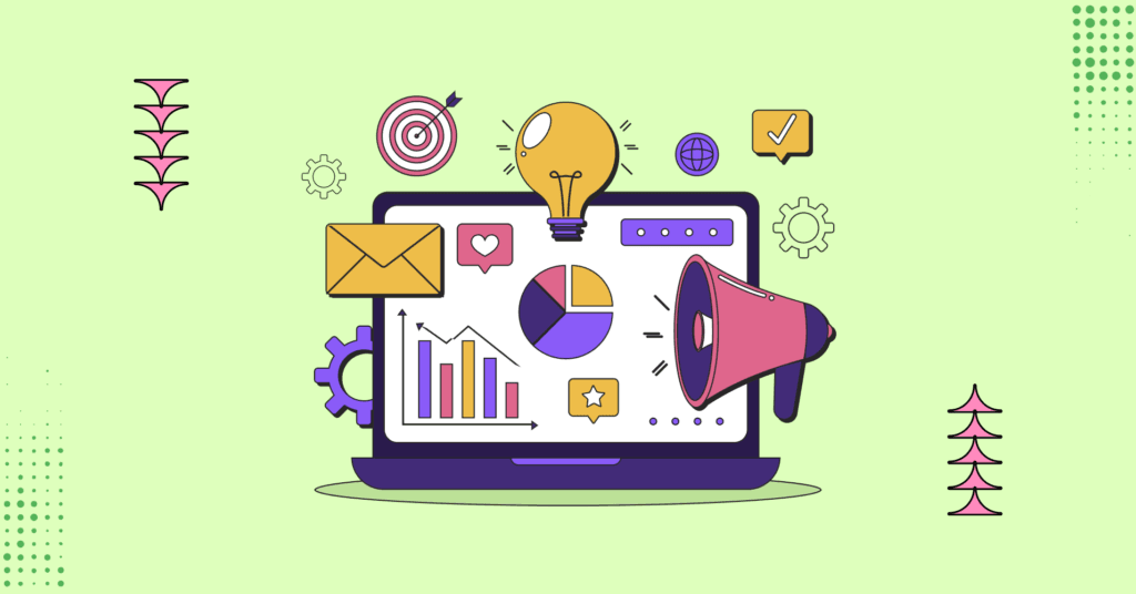Adatvezérelt marketing koncepció – digitális grafika adatelemzéssel és üzleti stratégiával.