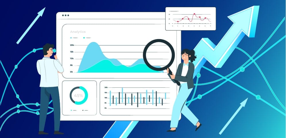 Nyilak és nagyítót tartó emberek, akik egy diagramot elemeznek, szimbolizálva a piaci változásokat és a Google Ads optimalizálását.
